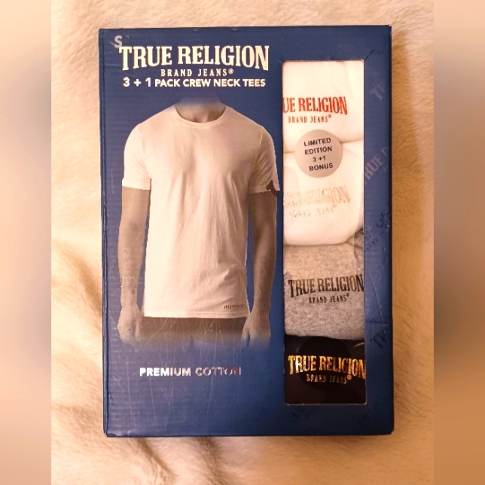 True Religion 3+1 pack crew neck tees premium cotton BRAND NEW IN BOX